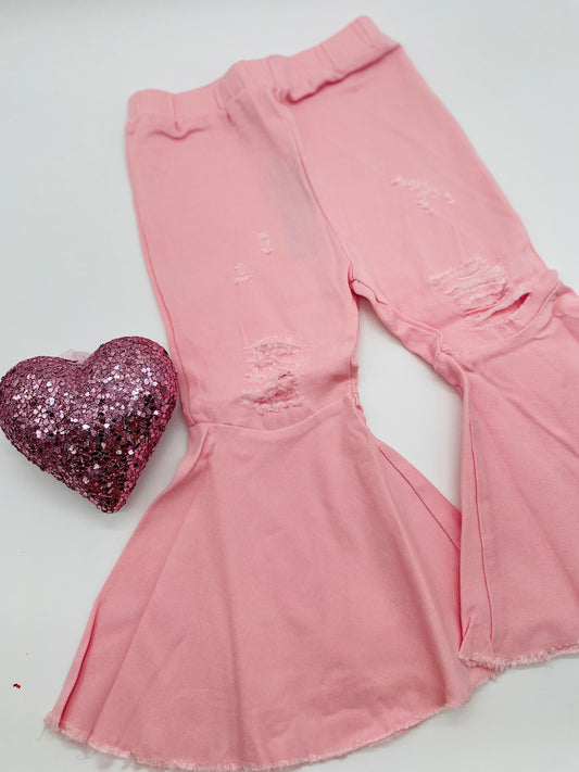 Pink Distressed Bell Bottoms